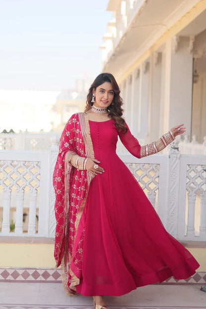 Faux Blooming Gown with Dupatta With Attractive Embroidered Sequins work with Lace Border(WD27) (02)