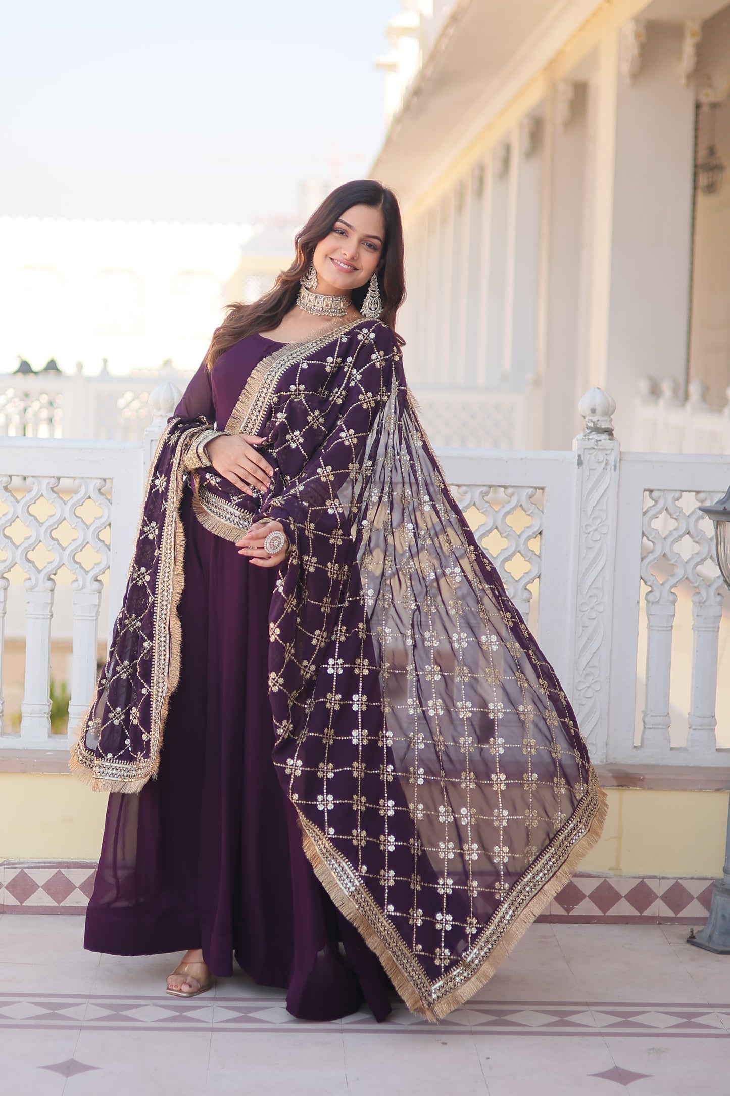 Tilton Faux Blooming Gown with Dupatta With Attractive Embroidered Sequins work with Lace Border