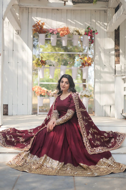 WOMENSAVTAR DARK MAROON HEAVY SEQUINS EMBROIDERY WORK GOWN WITH DUPATTA