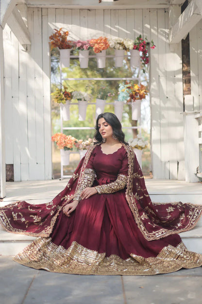 WOMENSAVTAR DARK MAROON HEAVY SEQUINS EMBROIDERY WORK GOWN WITH DUPATTA