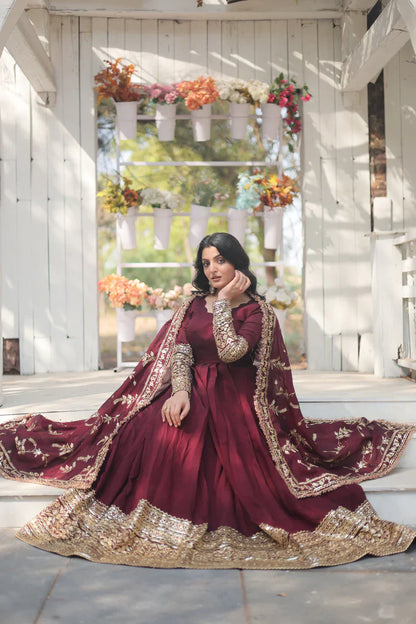 WOMENSAVTAR DARK MAROON HEAVY SEQUINS EMBROIDERY WORK GOWN WITH DUPATTA