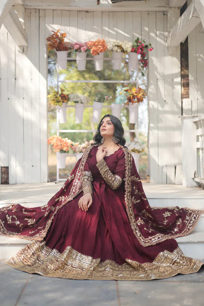 WOMENSAVTAR DARK MAROON HEAVY SEQUINS EMBROIDERY WORK GOWN WITH DUPATTA