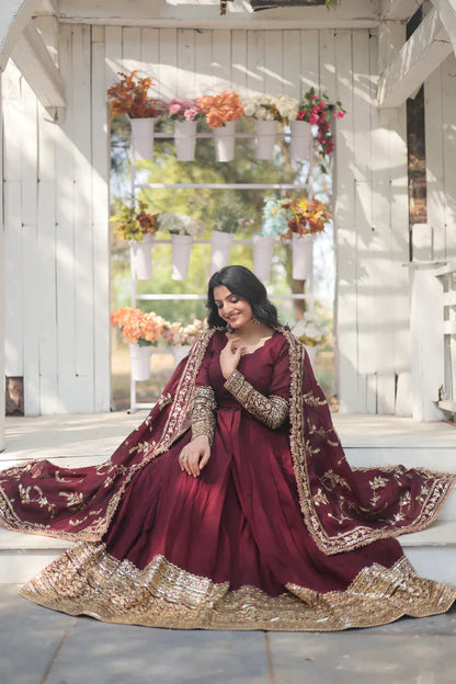 WOMENSAVTAR DARK MAROON HEAVY SEQUINS EMBROIDERY WORK GOWN WITH DUPATTA