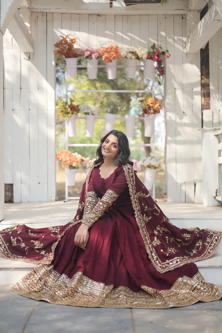 WOMENSAVTAR DARK MAROON HEAVY SEQUINS EMBROIDERY WORK GOWN WITH DUPATTA