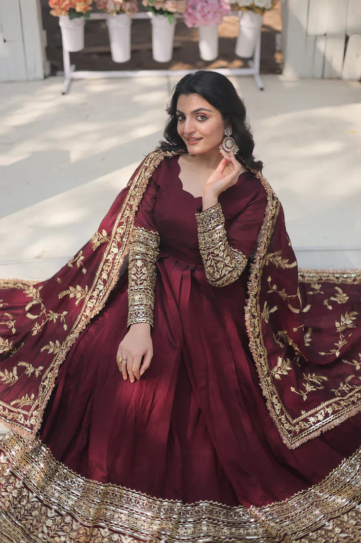 WOMENSAVTAR DARK MAROON HEAVY SEQUINS EMBROIDERY WORK GOWN WITH DUPATTA