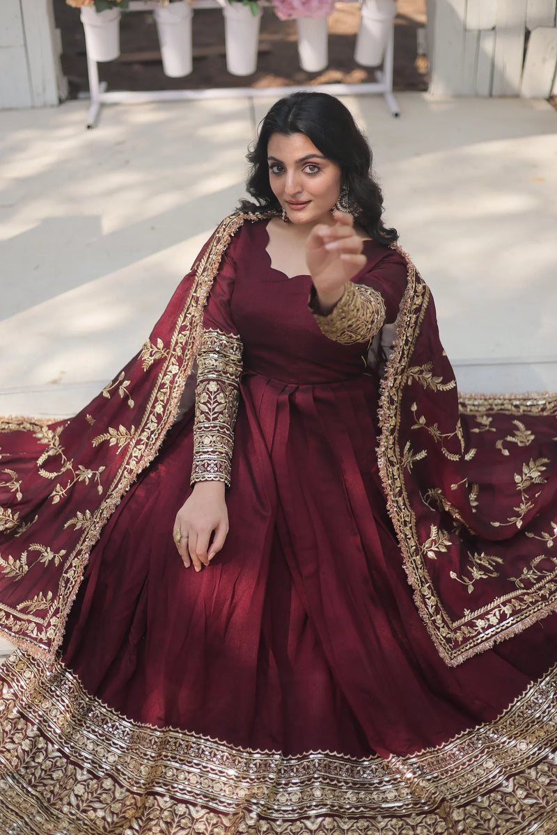 WOMENSAVTAR DARK MAROON HEAVY SEQUINS EMBROIDERY WORK GOWN WITH DUPATTA