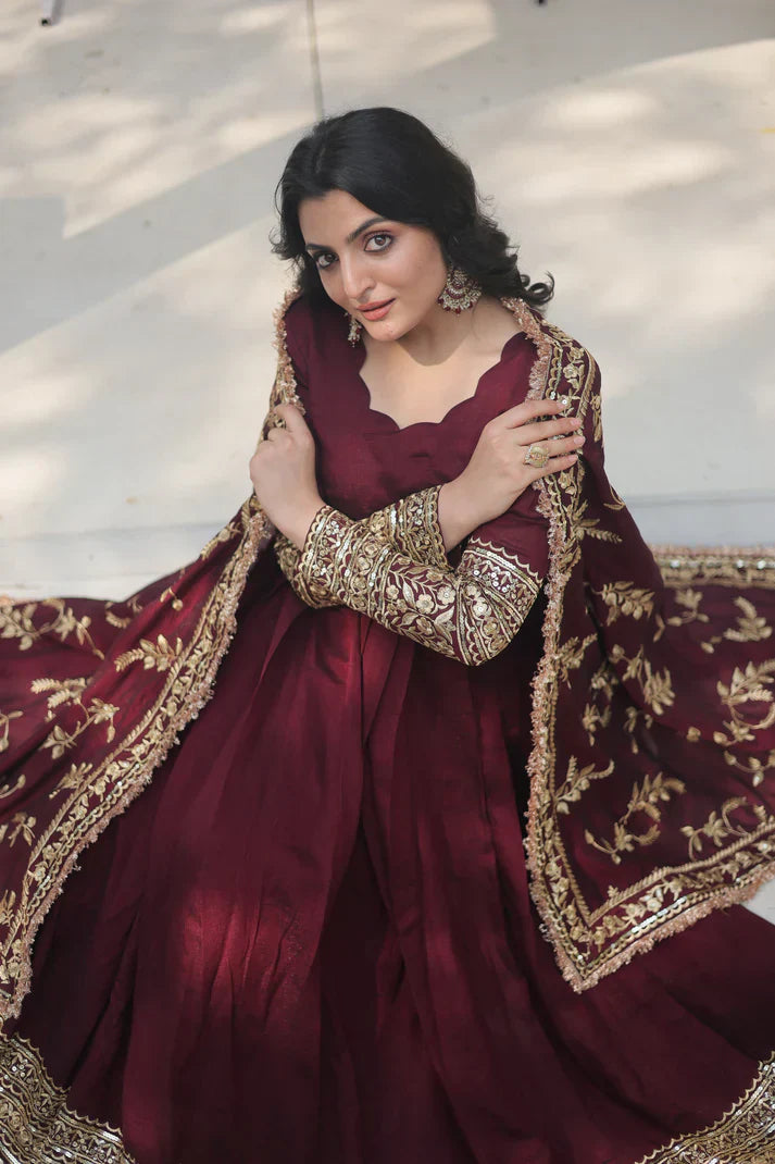 WOMENSAVTAR DARK MAROON HEAVY SEQUINS EMBROIDERY WORK GOWN WITH DUPATTA