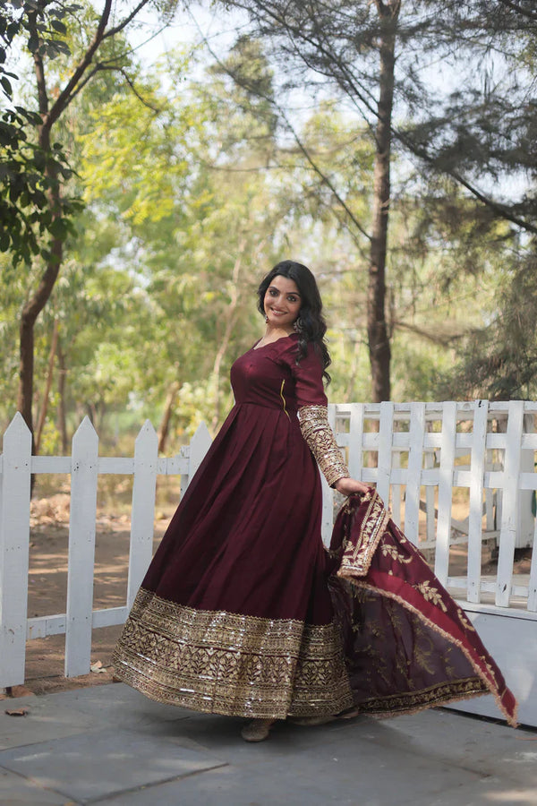 WOMENSAVTAR DARK MAROON HEAVY SEQUINS EMBROIDERY WORK GOWN WITH DUPATTA