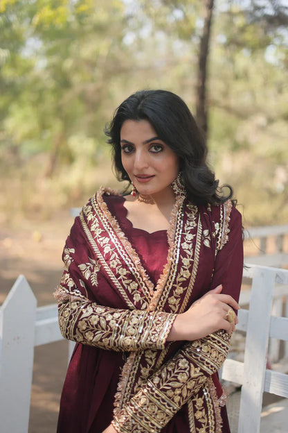 DARK MAROON HEAVY SEQUINS EMBROIDERY WORK GOWN WITH DUPATTA(WD14)