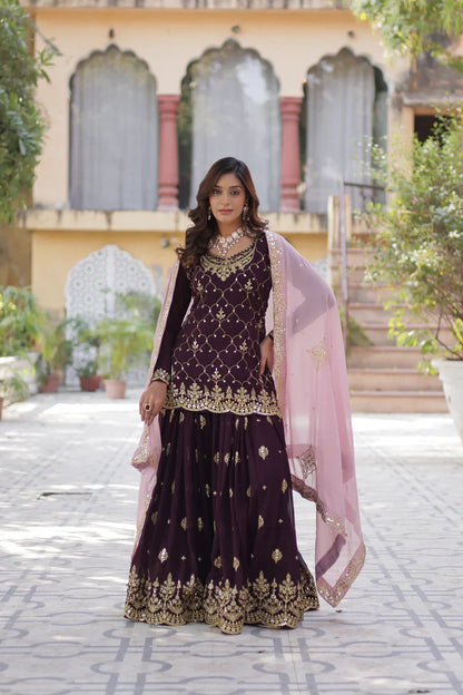WEDDING SPECIAL FAUX BLOOMING GEORGETTE SEQUINS EMBROIDERED PLAZZO SET WITH DUPATTA(WD121) (01)