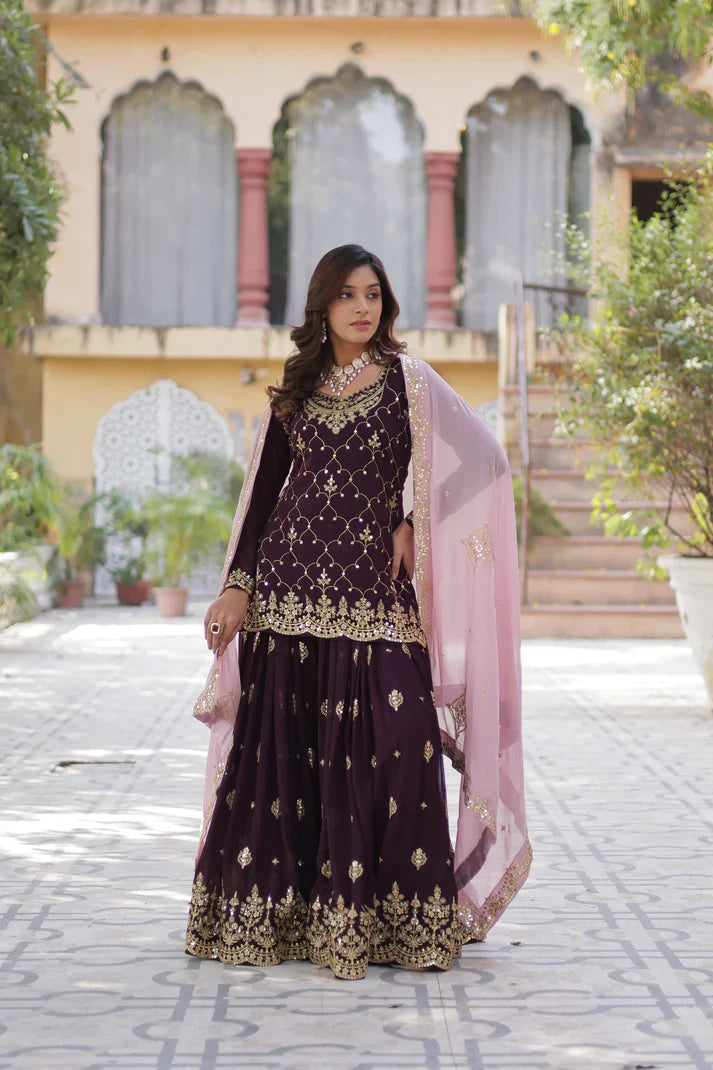 WEDDING SPECIAL FAUX BLOOMING GEORGETTE SEQUINS EMBROIDERED PLAZZO SET WITH DUPATTA(WD121) (01)