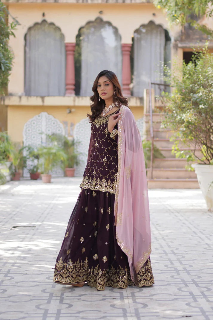 WEDDING SPECIAL FAUX BLOOMING GEORGETTE SEQUINS EMBROIDERED PLAZZO SET WITH DUPATTA(WD121) (01)
