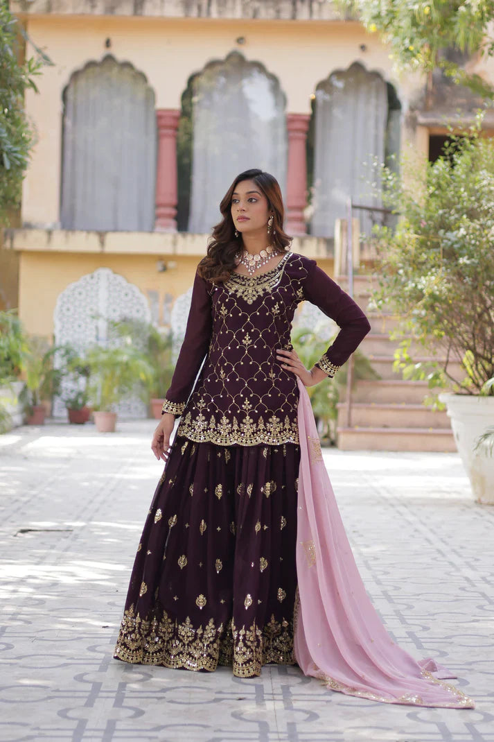 WEDDING SPECIAL FAUX BLOOMING GEORGETTE SEQUINS EMBROIDERED PLAZZO SET WITH DUPATTA(WD121) (01)