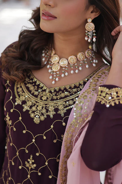 WEDDING SPECIAL FAUX BLOOMING GEORGETTE SEQUINS EMBROIDERED PLAZZO SET WITH DUPATTA(WD121) (01)