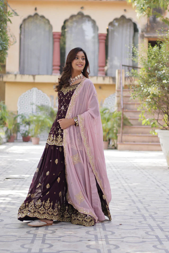 WEDDING SPECIAL FAUX BLOOMING GEORGETTE SEQUINS EMBROIDERED PLAZZO SET WITH DUPATTA(WD121) (01)