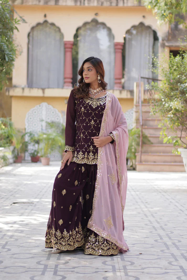 WEDDING SPECIAL FAUX BLOOMING GEORGETTE SEQUINS EMBROIDERED PLAZZO SET WITH DUPATTA(WD121) (01)