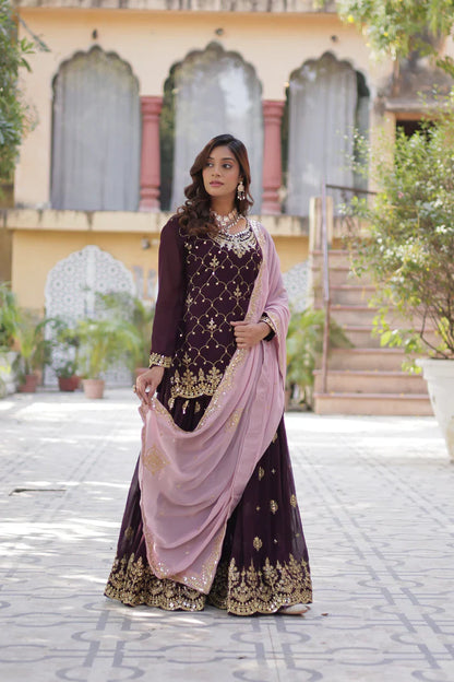 WEDDING SPECIAL FAUX BLOOMING GEORGETTE SEQUINS EMBROIDERED PLAZZO SET WITH DUPATTA(WD121) (01)