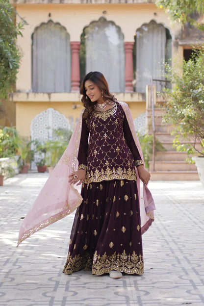 WEDDING SPECIAL FAUX BLOOMING GEORGETTE SEQUINS EMBROIDERED PLAZZO SET WITH DUPATTA(WD121) (01)