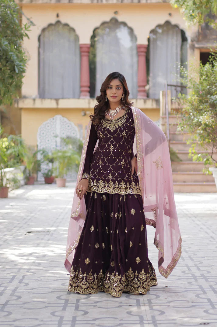WEDDING SPECIAL FAUX BLOOMING GEORGETTE SEQUINS EMBROIDERED PLAZZO SET WITH DUPATTA(WD121) (01)