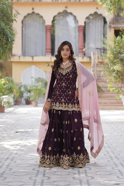 WEDDING SPECIAL FAUX BLOOMING GEORGETTE SEQUINS EMBROIDERED PLAZZO SET WITH DUPATTA(WD121) (01)