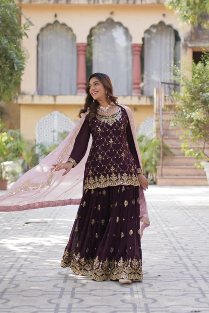 WEDDING SPECIAL FAUX BLOOMING GEORGETTE SEQUINS EMBROIDERED PLAZZO SET WITH DUPATTA(WD121) (01)