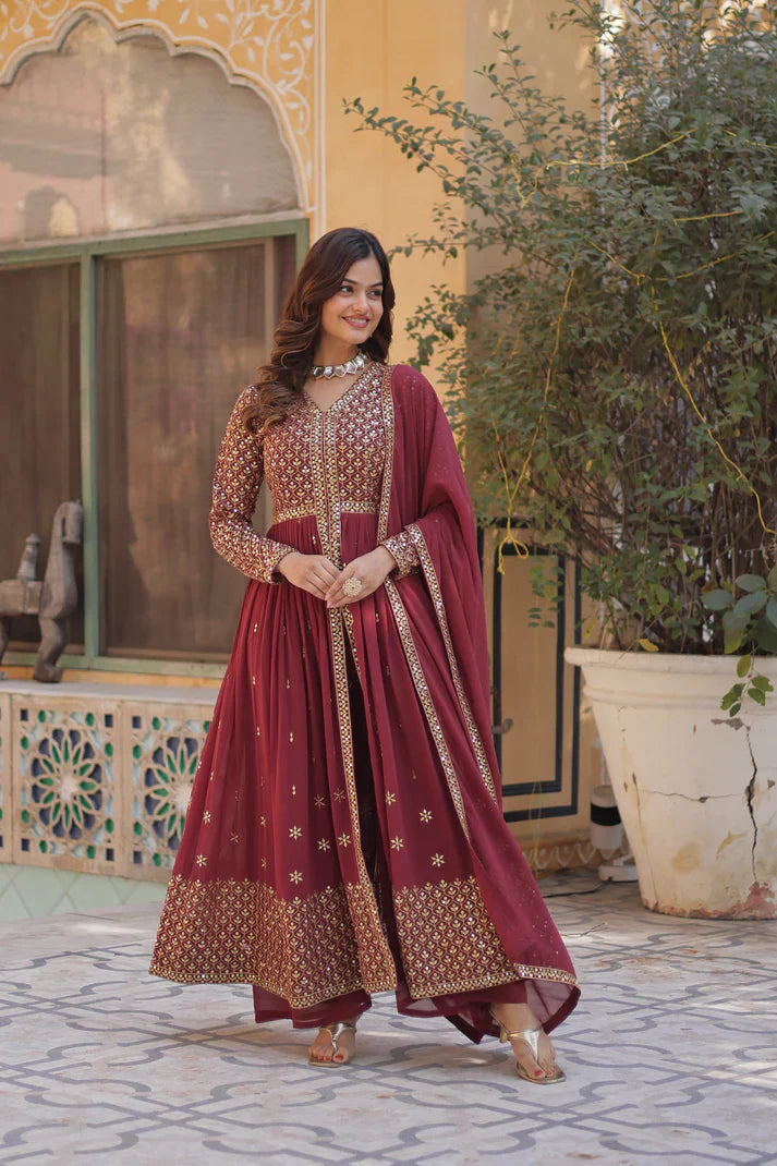 WEDDING SPECIAL FAUX GEORGETTE EMBROIDERED GOWN WITH BOTTOM AND DUPATTA(WD113) (01)