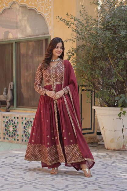 WEDDING SPECIAL FAUX GEORGETTE EMBROIDERED GOWN WITH BOTTOM AND DUPATTA(WD113) (01)