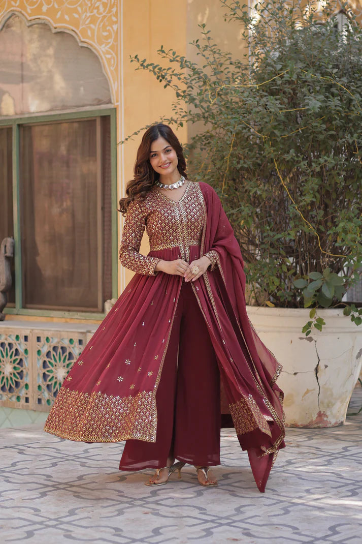 WEDDING SPECIAL FAUX GEORGETTE EMBROIDERED GOWN WITH BOTTOM AND DUPATTA(WD113) (01)