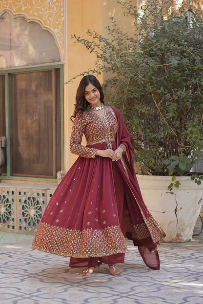 WEDDING SPECIAL FAUX GEORGETTE EMBROIDERED GOWN WITH BOTTOM AND DUPATTA(WD113) (01)