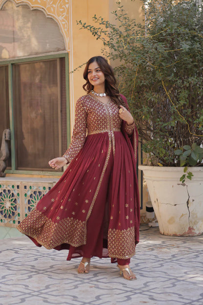 WEDDING SPECIAL FAUX GEORGETTE EMBROIDERED GOWN WITH BOTTOM AND DUPATTA(WD113) (01)