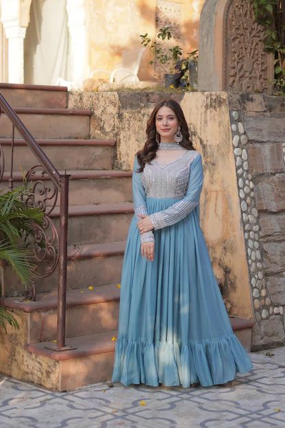 WEDDING SPECIAL GEORGETTE BEADS SEQUANCE EMBROIDERED GOWN WITH DUPATTA(WD102) (01)