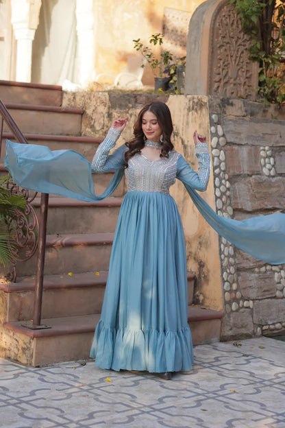 WEDDING SPECIAL GEORGETTE BEADS SEQUANCE EMBROIDERED GOWN WITH DUPATTA(WD102) (01)