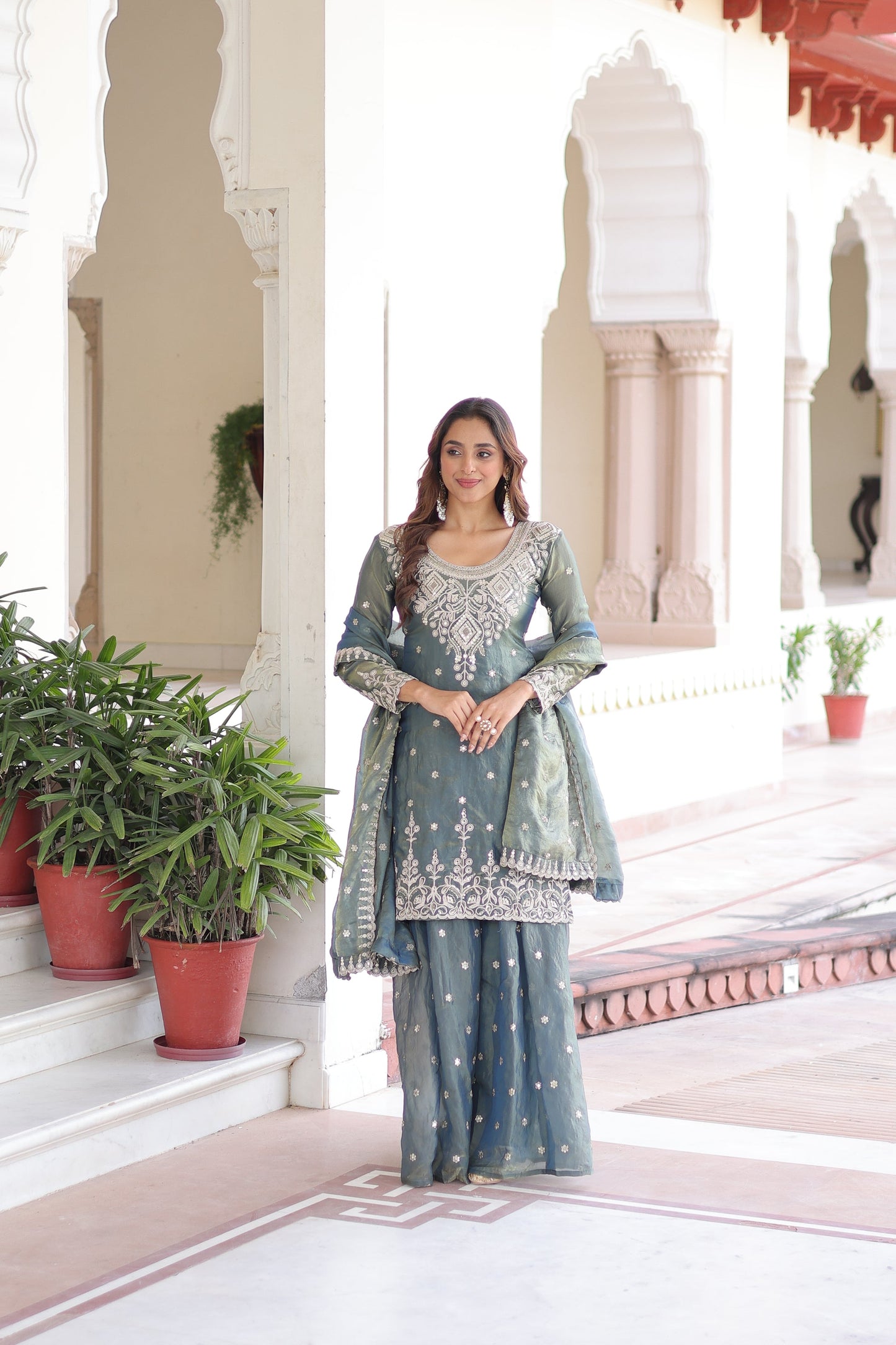FENDI SILK SEQUINS EMBROIDERED KURTI -SHARARA WITH DUPATTA (TT18)