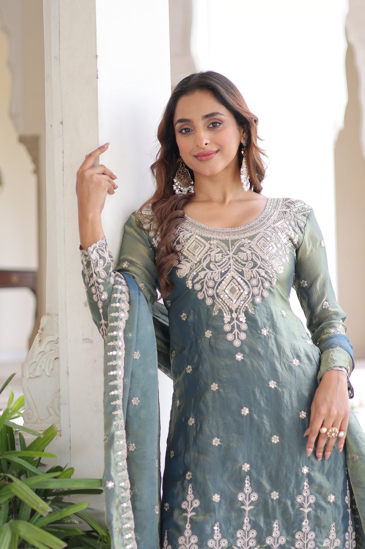 FENDI SILK SEQUINS EMBROIDERED KURTI -SHARARA WITH DUPATTA (TT18)
