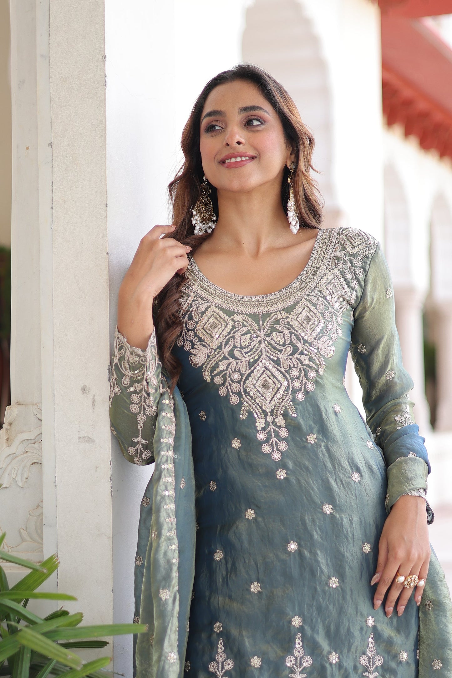 FENDI SILK SEQUINS EMBROIDERED KURTI -SHARARA WITH DUPATTA (TT18)