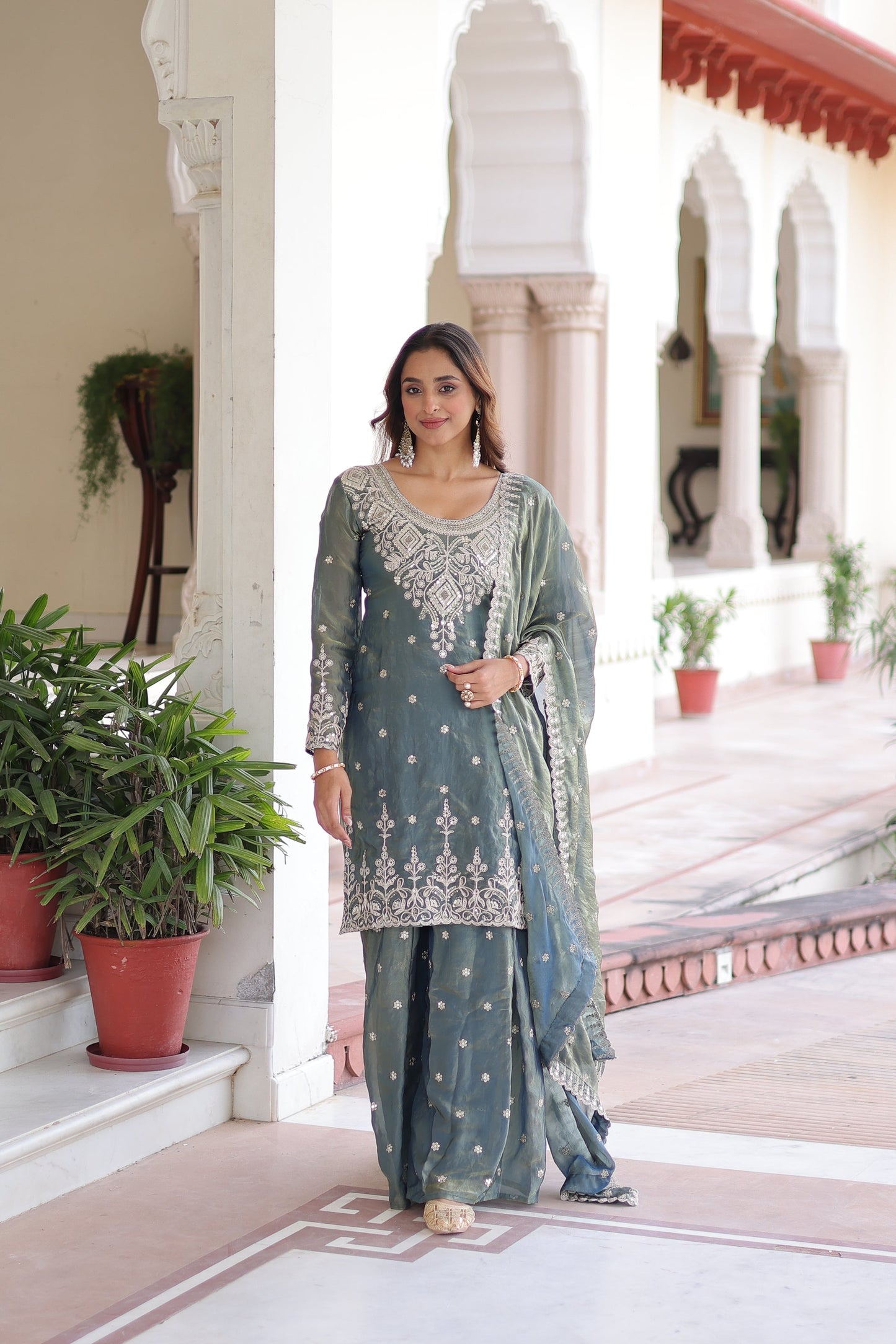 FENDI SILK SEQUINS EMBROIDERED KURTI -SHARARA WITH DUPATTA (TT18)