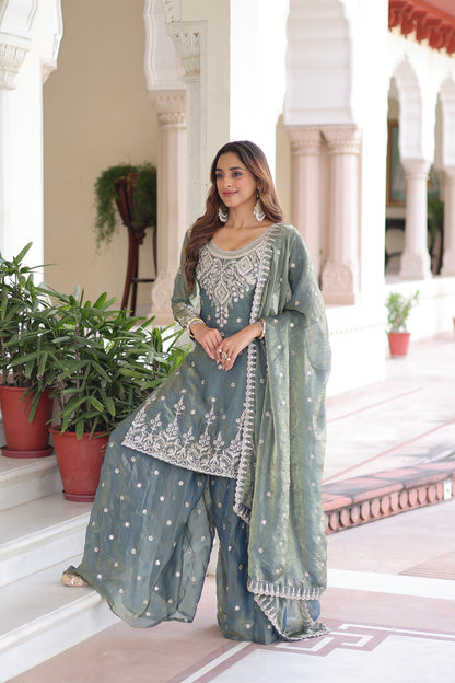 FENDI SILK SEQUINS EMBROIDERED KURTI -SHARARA WITH DUPATTA (TT18)