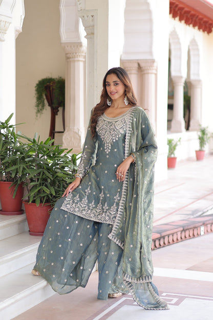 FENDI SILK SEQUINS EMBROIDERED KURTI -SHARARA WITH DUPATTA (TT18)