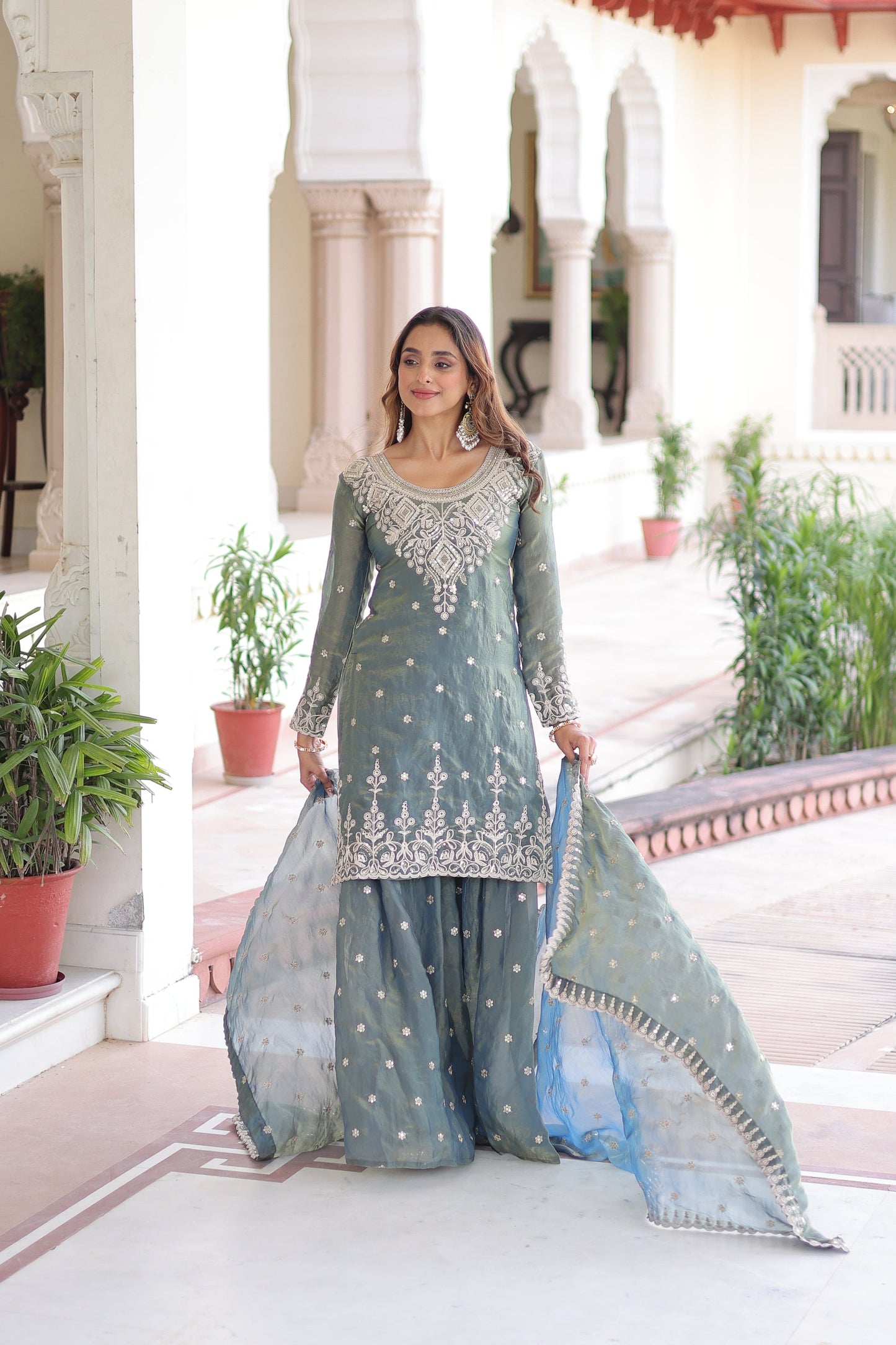 FENDI SILK SEQUINS EMBROIDERED KURTI -SHARARA WITH DUPATTA (TT18)