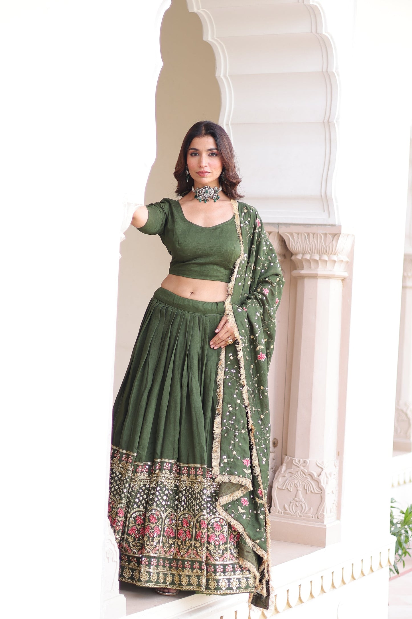 VICHITRA SILK HEAVY SEQUINS AND TREAD EMBROIDERED LEHENGA CHOLI WITH DUPATTA (WDN87)