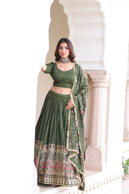 VICHITRA SILK HEAVY SEQUINS AND TREAD EMBROIDERED LEHENGA CHOLI WITH DUPATTA (WDN87)