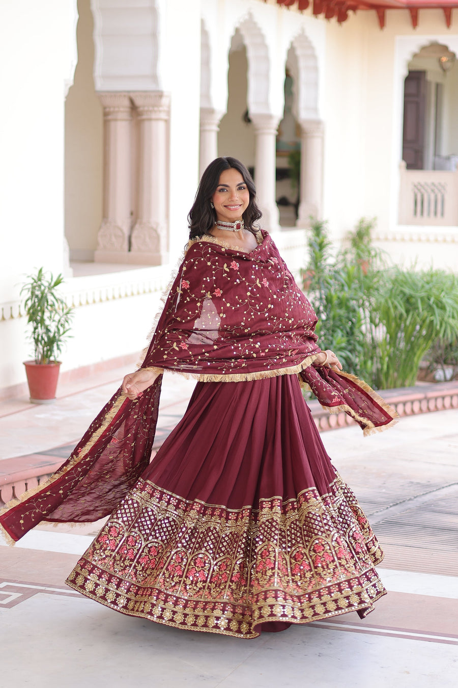 VICHITRA SILK HEAVY SEQUINS AND TREAD EMBROIDERED LEHENGA CHOLI WITH DUPATTA (WDN87) 01