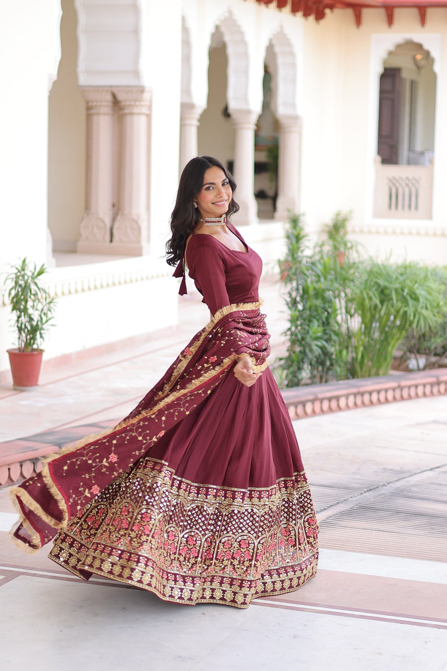 VICHITRA SILK HEAVY SEQUINS AND TREAD EMBROIDERED LEHENGA CHOLI WITH DUPATTA (WDN87) 01