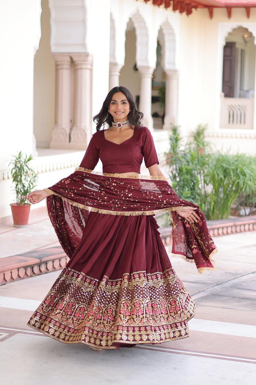 VICHITRA SILK HEAVY SEQUINS AND TREAD EMBROIDERED LEHENGA CHOLI WITH DUPATTA (WDN87) 01