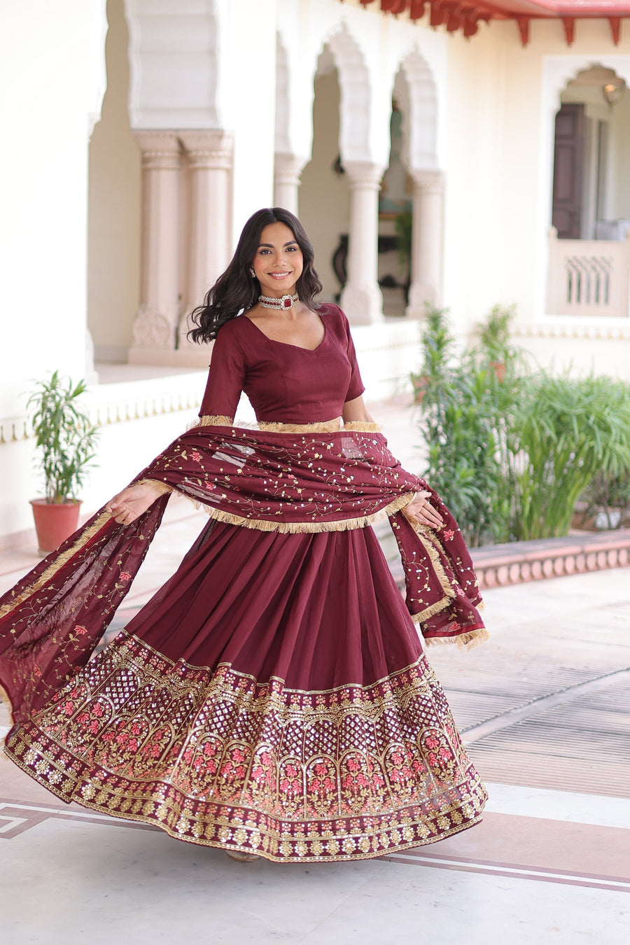 VICHITRA SILK HEAVY SEQUINS AND TREAD EMBROIDERED LEHENGA CHOLI WITH DUPATTA (WDN87) 01