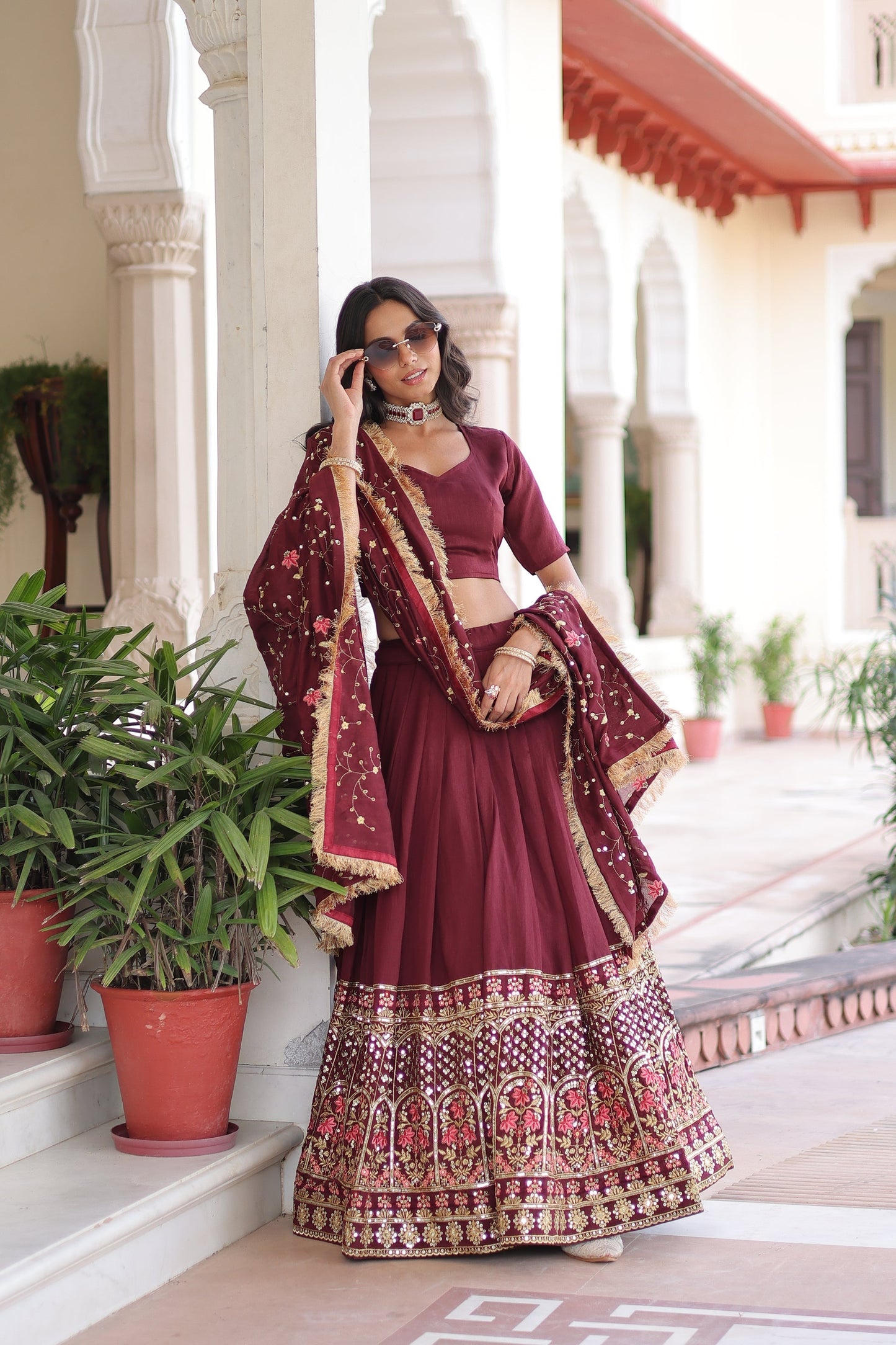 VICHITRA SILK HEAVY SEQUINS AND TREAD EMBROIDERED LEHENGA CHOLI WITH DUPATTA (WDN87) 01