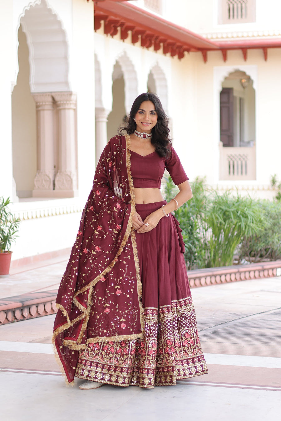 VICHITRA SILK HEAVY SEQUINS AND TREAD EMBROIDERED LEHENGA CHOLI WITH DUPATTA (WDN87) 01