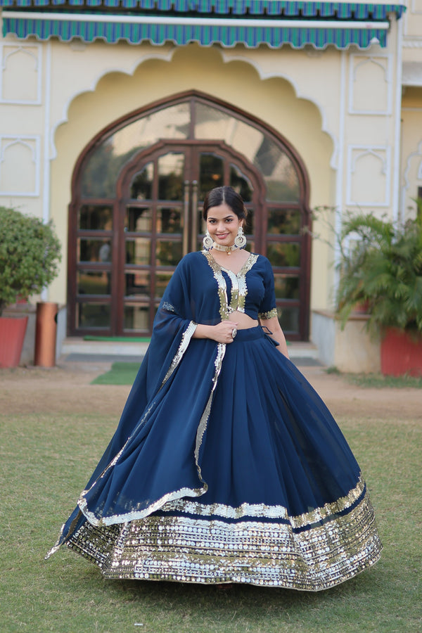 Tilton Rama Coloured Georgette with Sequence Work Woman Designer Party wear Lehenga Choli with Dupatta.