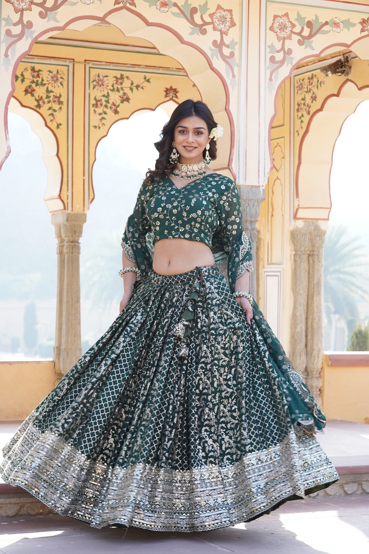 TILTON GEORGETTE FLARED LEHENGA CHOLI WITH SEQUINS AND EMBROIDERED WORK