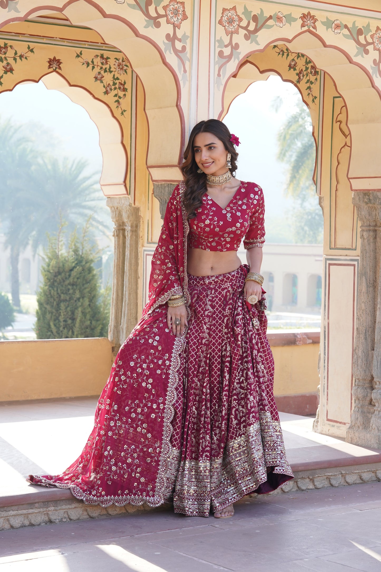 TILTON GEORGETTE FLARED LEHENGA CHOLI WITH SEQUINS AND EMBROIDERED WORK